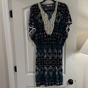 Cato Large Bohemian Navy and White Dress with Lace Detail Hippie Stretch Beach